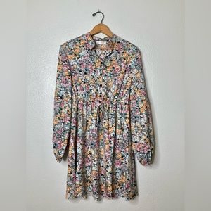 Kirundo Long Sleeve Floral A-line Mini Dress Button Front Chest Mandarin Collar